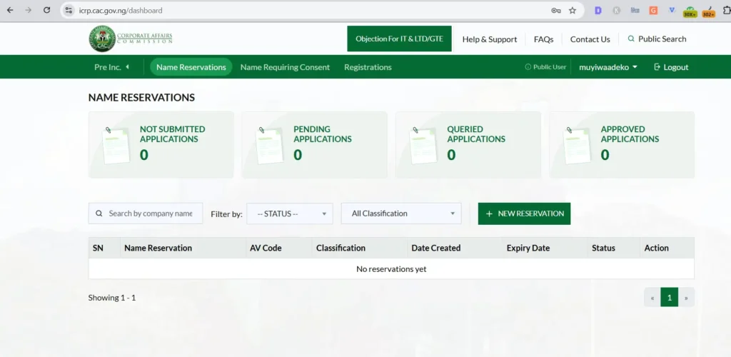 Account Dashboard On The New Cac Intelligent Company Registration Portal Icrp