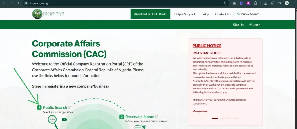 Reference To Public Search Function On The Home Page Of The New Cac Intelligent Company Registration Portal Icrp