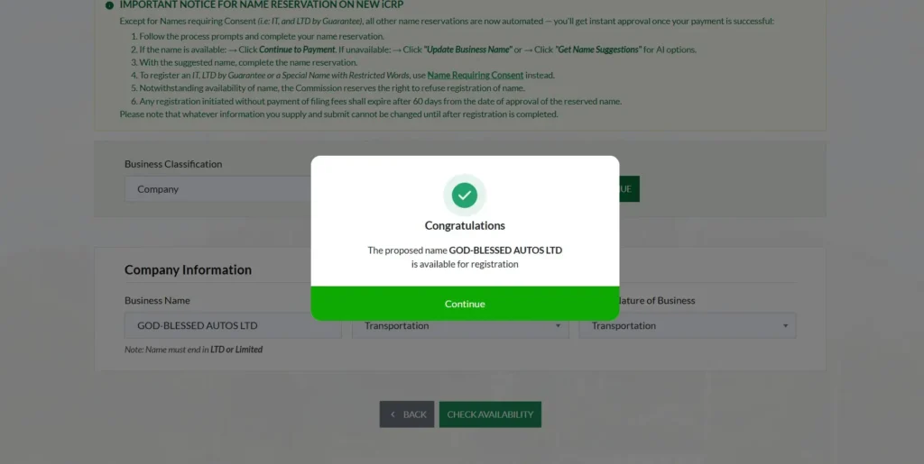 Successfu Name Availability On The New Cac Intelligent Company Registration Portal Icrp